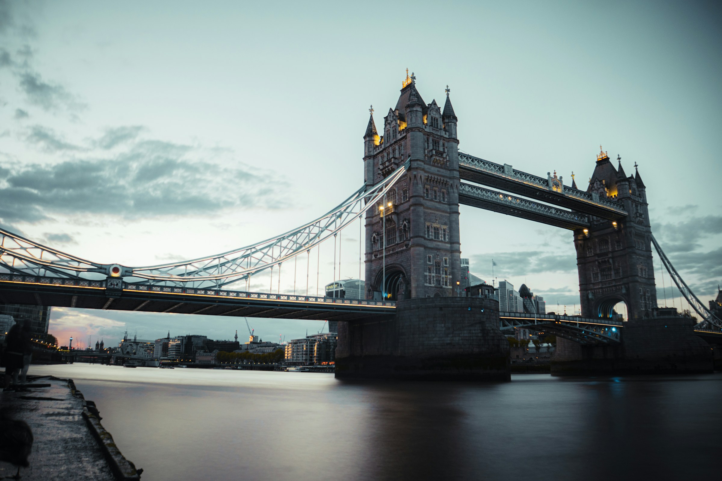 Tower Bridge over the Thames in London at dusk